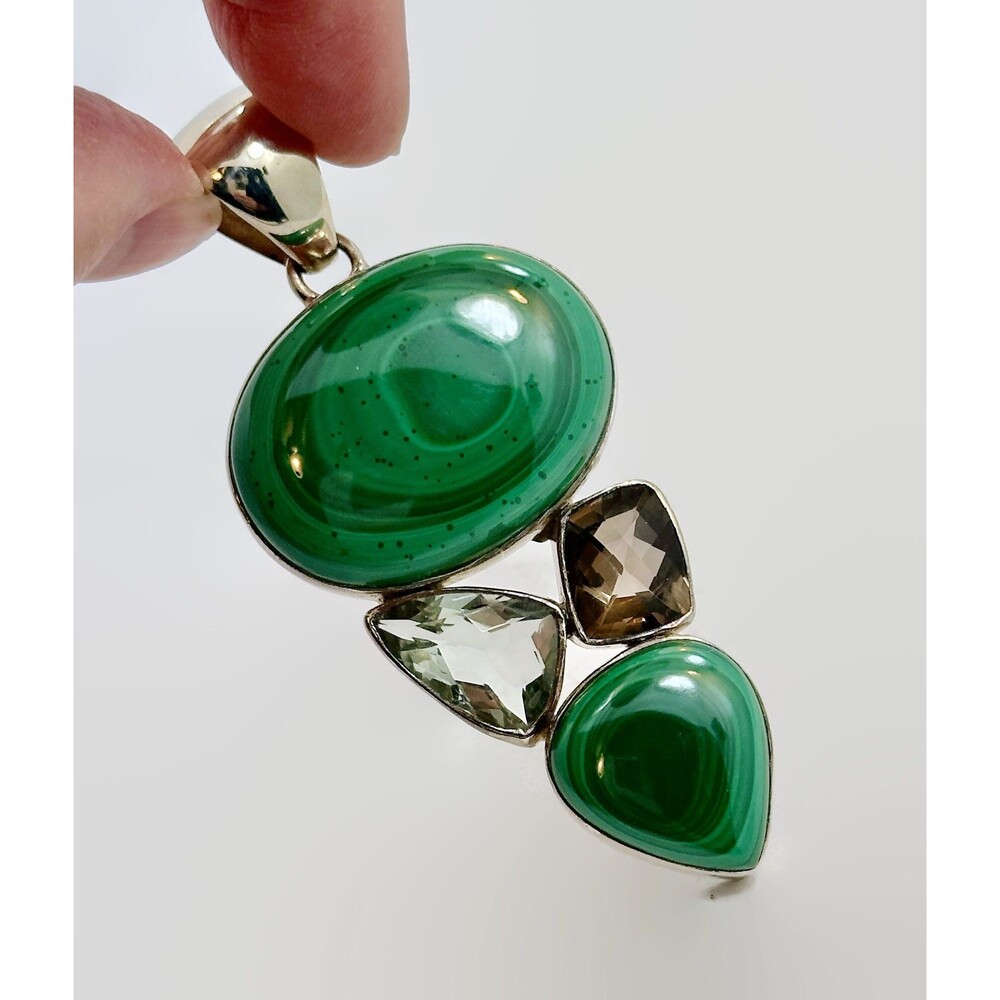 Vintage Arya Sterling Silver Malachite Pendant: Green Amethyst & Smokey Quartz